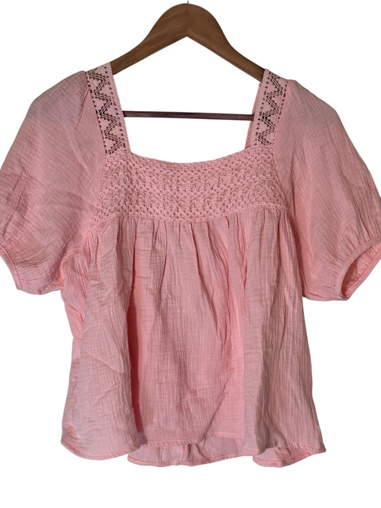 HYFVE Tops - HYFVE Pink Gauze Blouse Lace Trim Puff Sleeve Cottagecore Top Medium